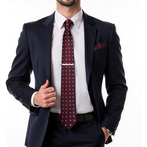 🆕Men Purple Plaid Silk Checkered Necktie Pocket Square Cufflinks Tie Clip Set - Picture 2 of 8